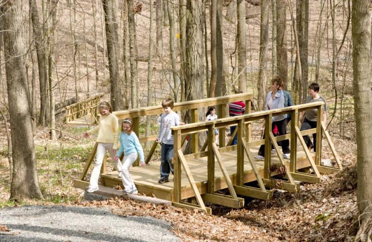 children walking over a wooden bridge on a trail